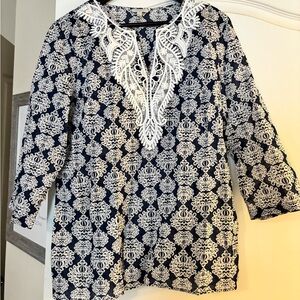 Navy and White Embroidered Women's Tunic style top